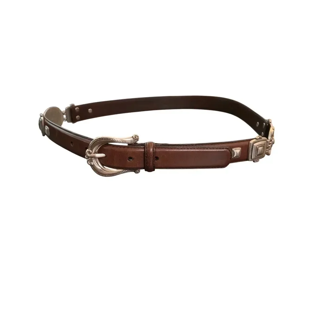 Western Brown Leather Belt Silver Tone Inset Concho Medallion Hardware M Fossil
